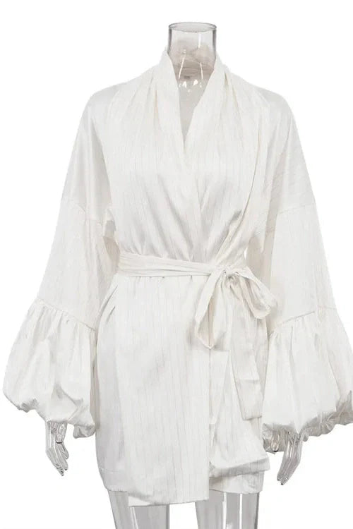 Puff Sleeve Lace-Up Striped Loose V-Neck A-Line Mini Dress