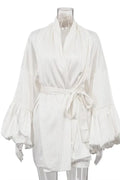 Puff Sleeve Lace-Up Striped Loose V-Neck A-Line Mini Dress