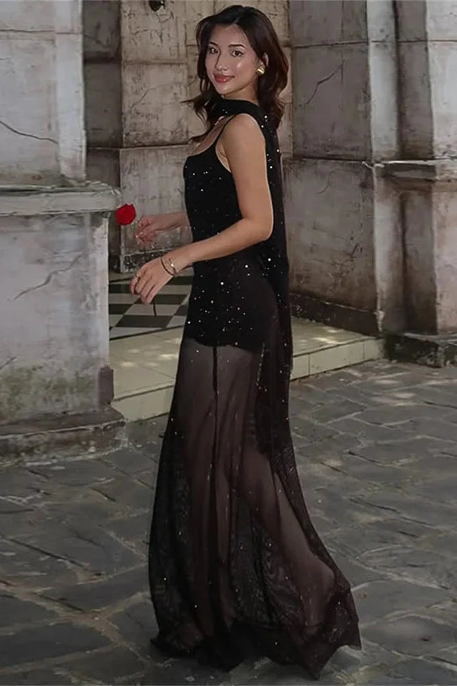 Lace-Up See-Through Backless Slim Bodycon Maxi Dress