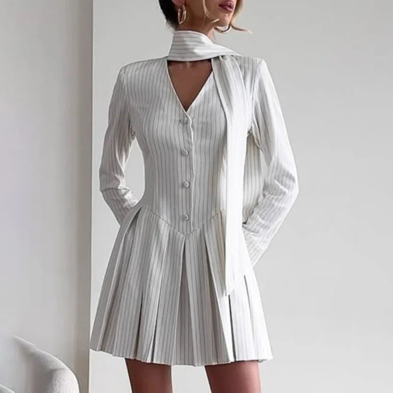 V Neck Button Scarf Ribbon Long Sleeve Mini Dress