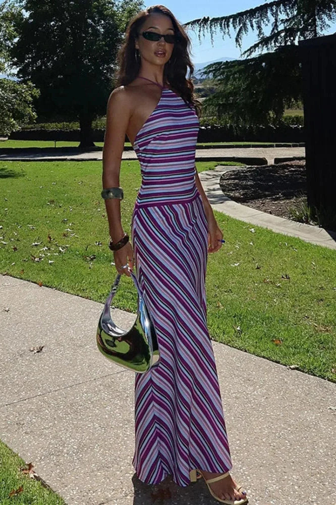 Striped Printed Off-Shoulder Sleeveless Lace-Up Patchwork Maxi Dress