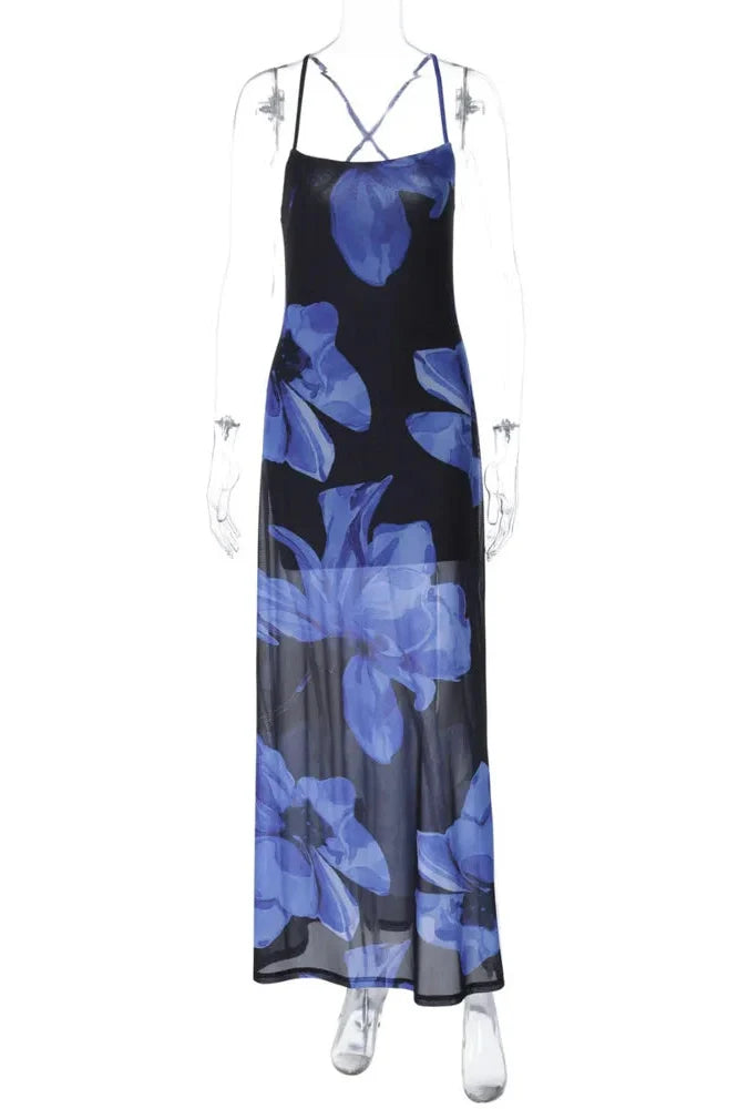 Printed Sleeveless Backless Lace-Up Maxi Dress