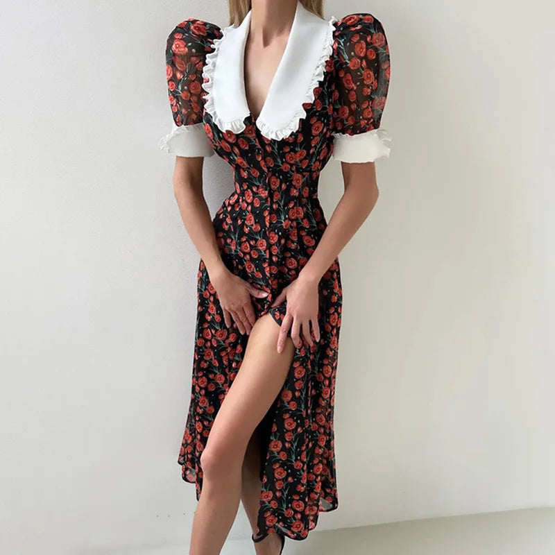 V Neck Printed Split High Waist Maxi Dress