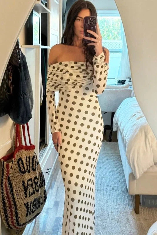 Off-Shoulder High Waist Long Sleeve Slim Maxi Dress