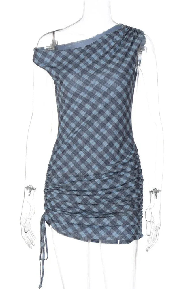 Plaid Printed One Shoulder Backless Sleeveless Mini Dress