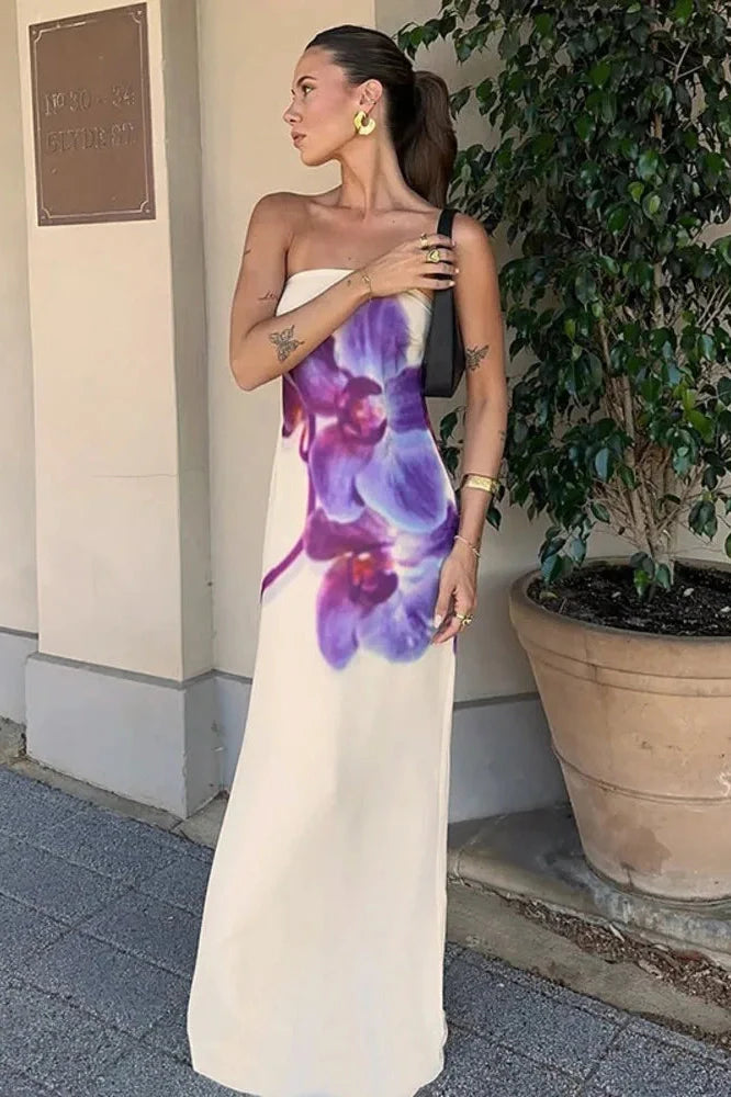 Printed Strapless Off-Shoulder Backless Sleeveless Maxi Dress