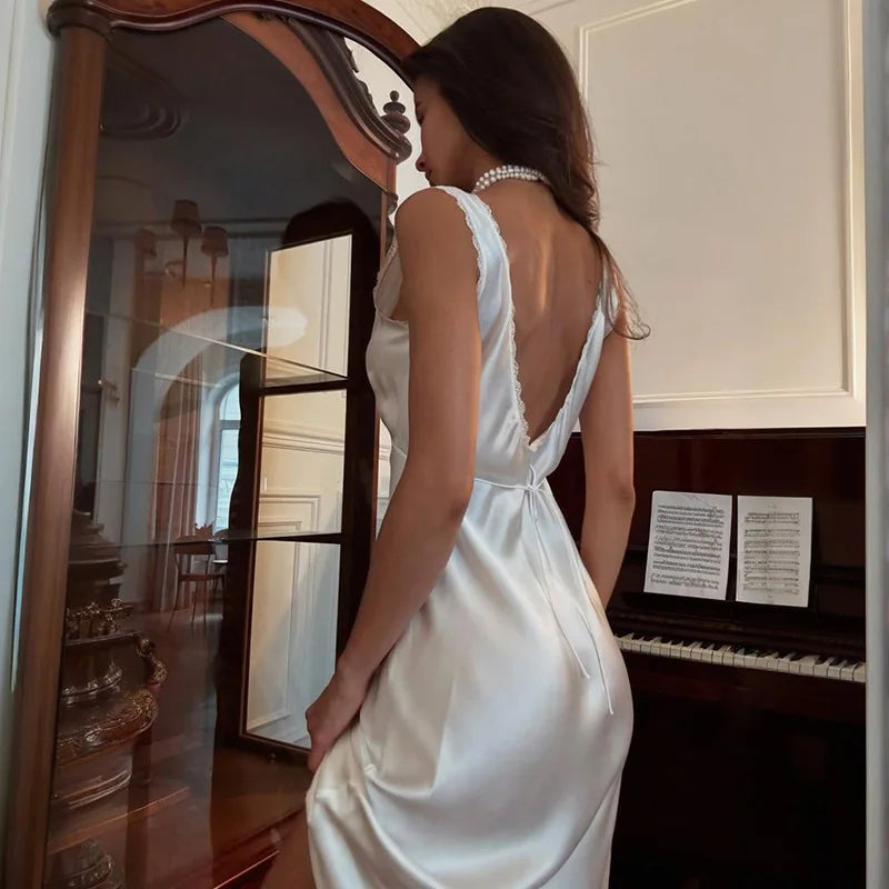 Sleeveless Slim Lace V Neck Maxi Dress
