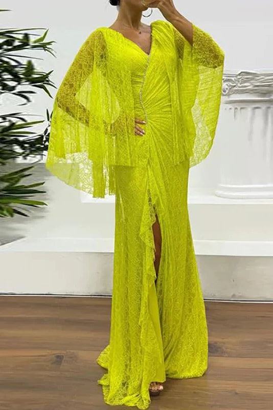 Hollow Lace Embroidery V-Neck Slim Split High Waist Maxi Dress