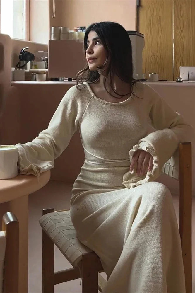Backless Knit Lace-Up High Waist Long Sleeve Maxi Dress