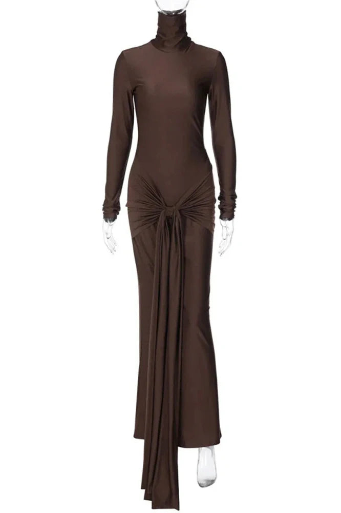 Slim Pleated Long Sleeve Lace-Up Maxi Dress