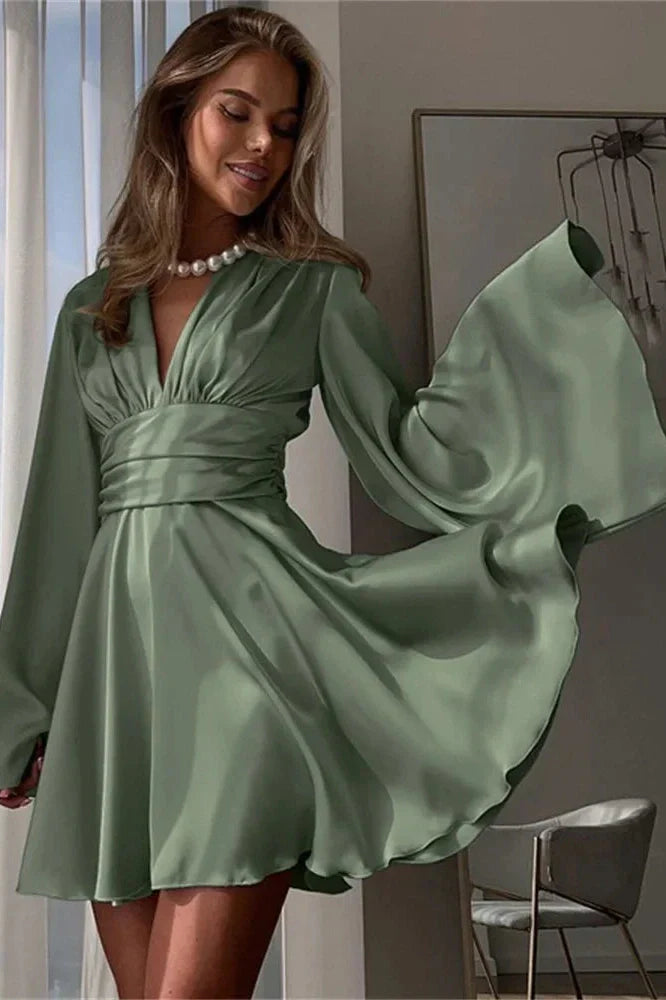 V-Neck Backless Lace-Up Long Sleeve Mini Dress