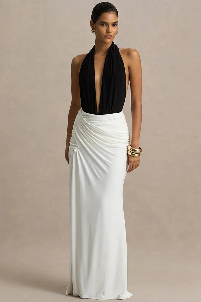 Backless Patchwork Deep V Neck Sleeveless High Waist Split Maxi Dress