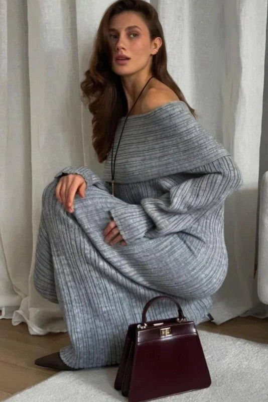 Knitted Off-Shoulder Long-Sleeved Slim High Waist Backless Maxi Dress