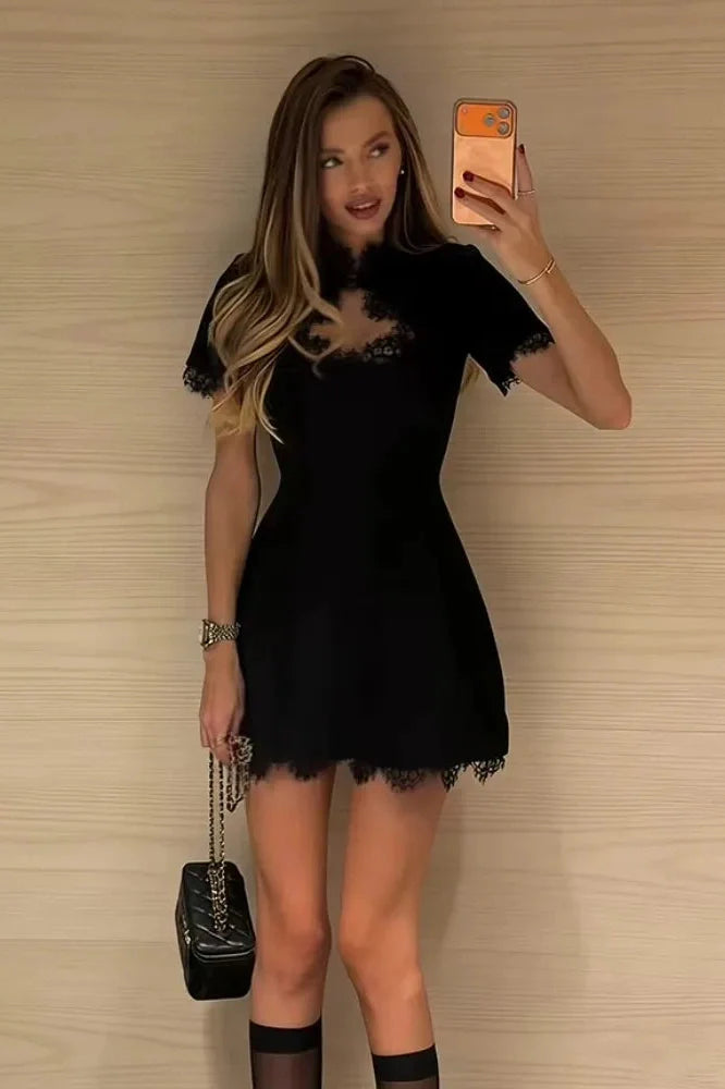 Lace Hollow Out Patchwork Short Sleeve Printed Mini Dress