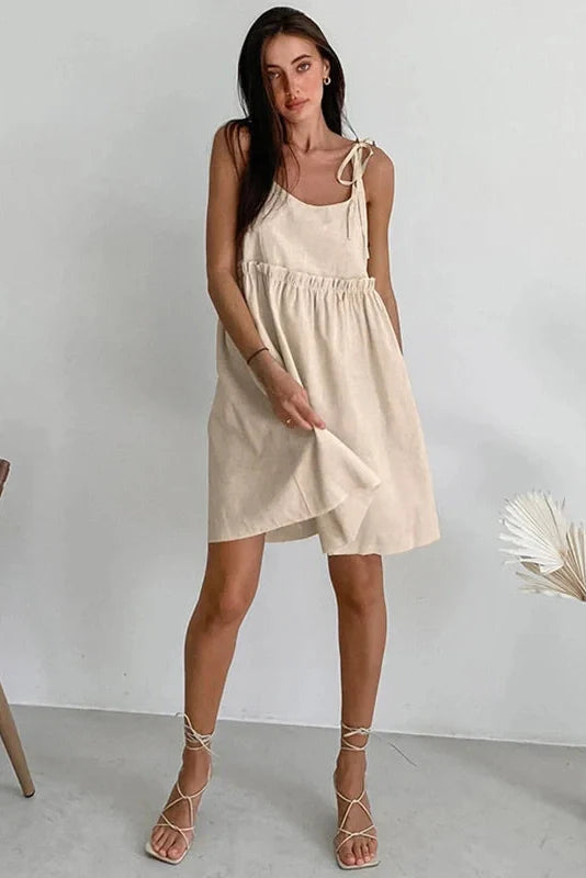 Spaghetti Strap Loose Cotton Lace Up Mini Dress