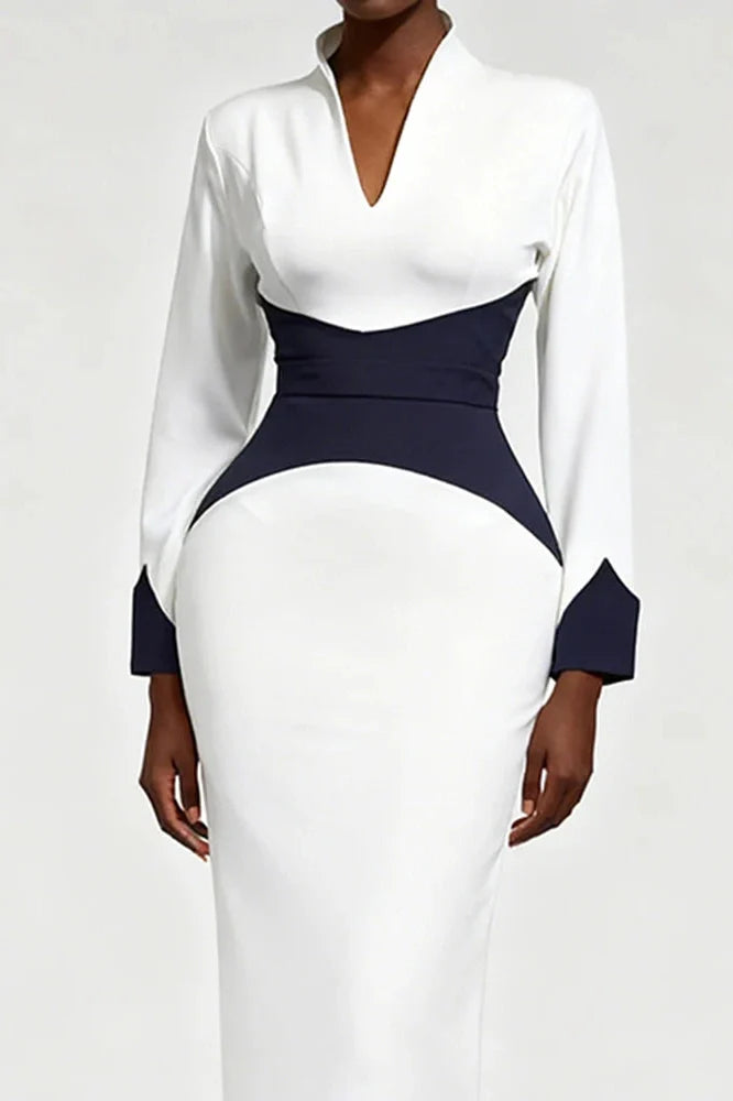 Elegant Long Sleeve Bodycon Deep V-Neck Slim Midi Dress