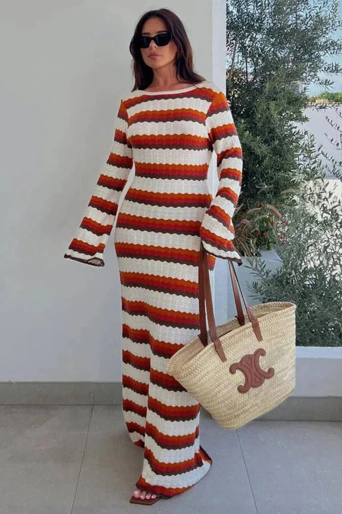 Hollow Out Striped Long Sleeve Loose Maxi Dress