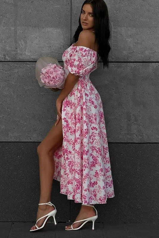 Off Shoulder Floral Print Short-Sleeved Lace-Up Slit Maxi Dress