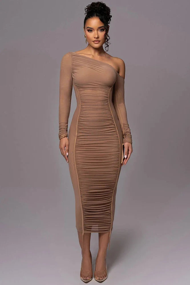 Diagonal Collar Long Sleeve Backless Midi Dress