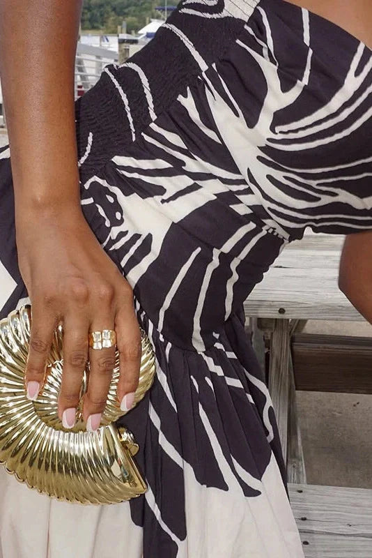 Off Shoulder Sleeveless High Waist Printed Pleated Maxi Dress