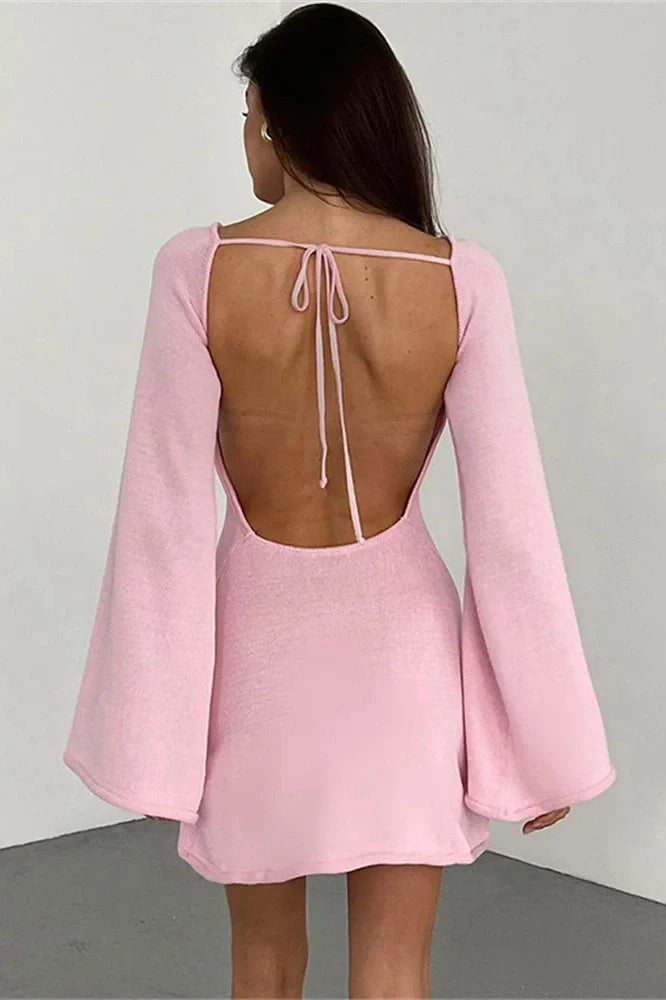 Backless Lace-Up Long Sleeve High Waist Mini Dress