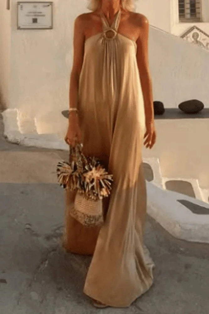 Elegant High Waist Sleeveless Loose Pleated Off-Shoulder Maxi Dress