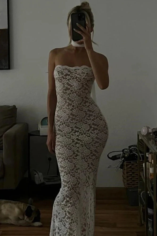 Lace See Through Off-shoulder Strapless Sleeveless Midi Dress