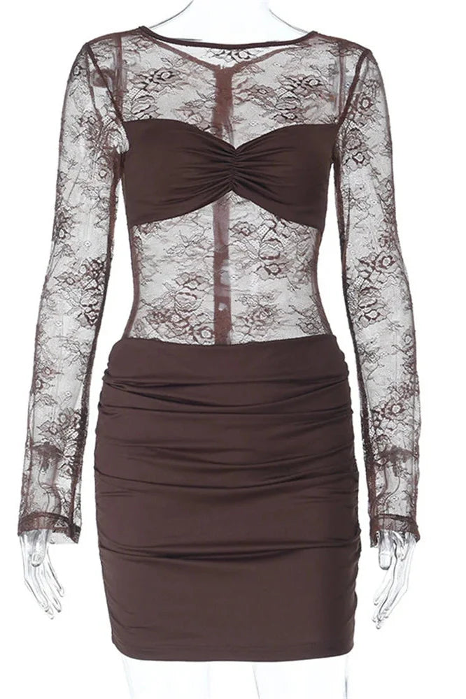 Lace Printed See-Through Long Sleeve Mini Dress