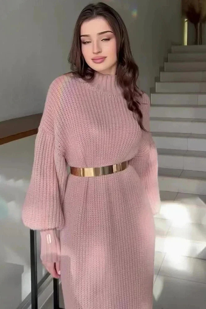 Elegant Knitted Turtleneck Long Sleeve Maxi Dress