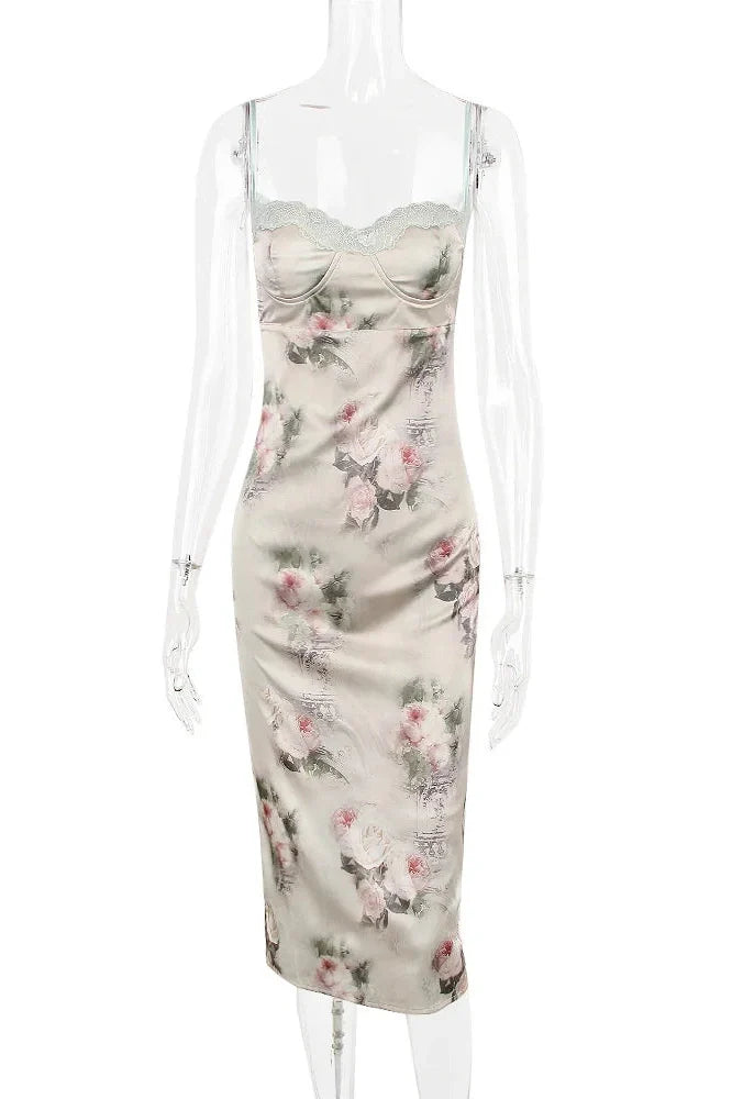 Spaghetti Strap Lace Print Strapless Backless Midi Dress