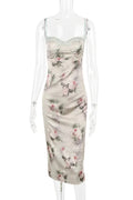 Spaghetti Strap Lace Print Strapless Backless Midi Dress