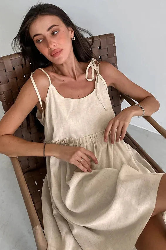 Spaghetti Strap Loose Cotton Lace Up Mini Dress