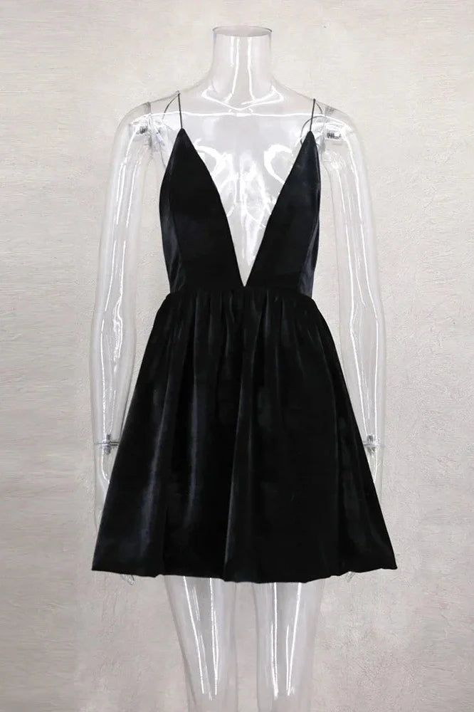 Elegant Velvet Deep V Neck High Waist Spaghetti Strap Mini Dress