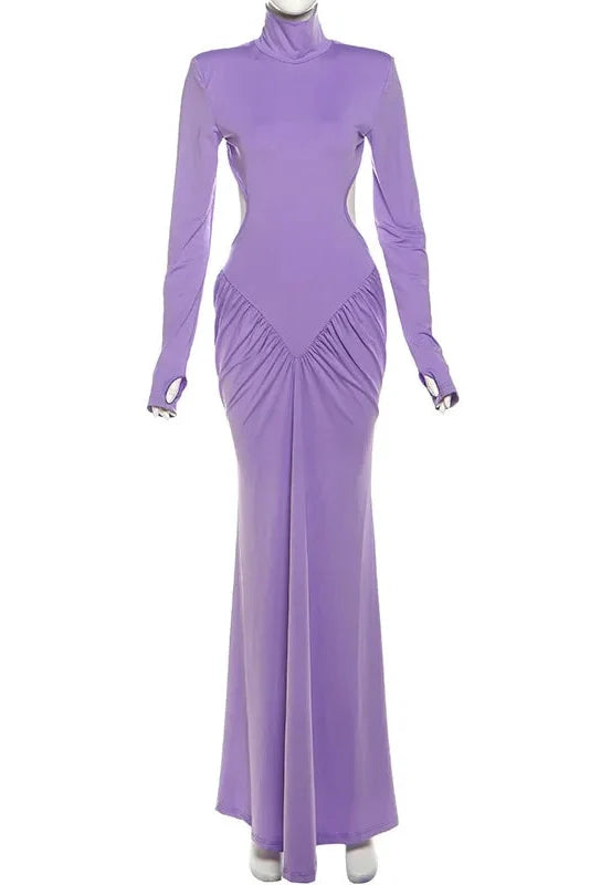 Elegant Backless Turtleneck Long Sleeve Maxi Dress