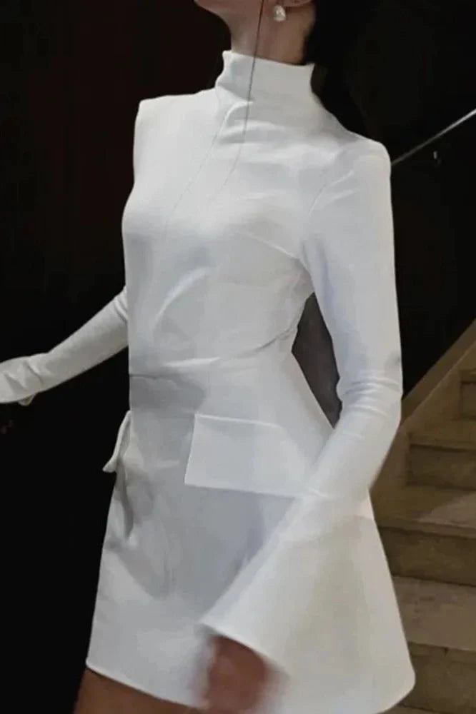 Elegant Slim Two Pocket Long Sleeve A-Line Mini Dress
