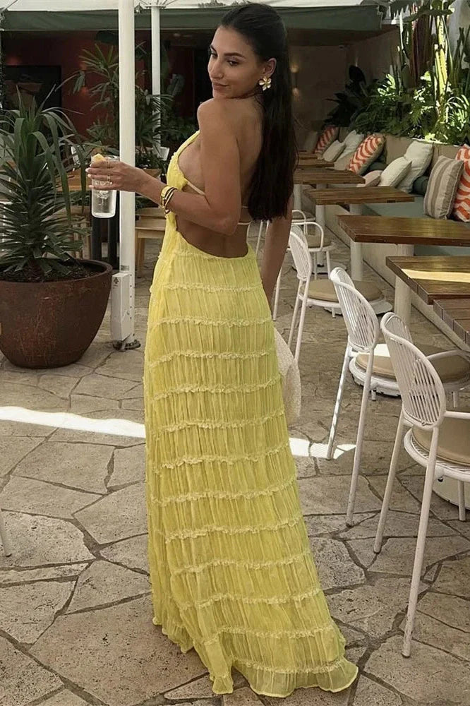 Patchwork Lace-Up Backless High Waist Maxi Dress