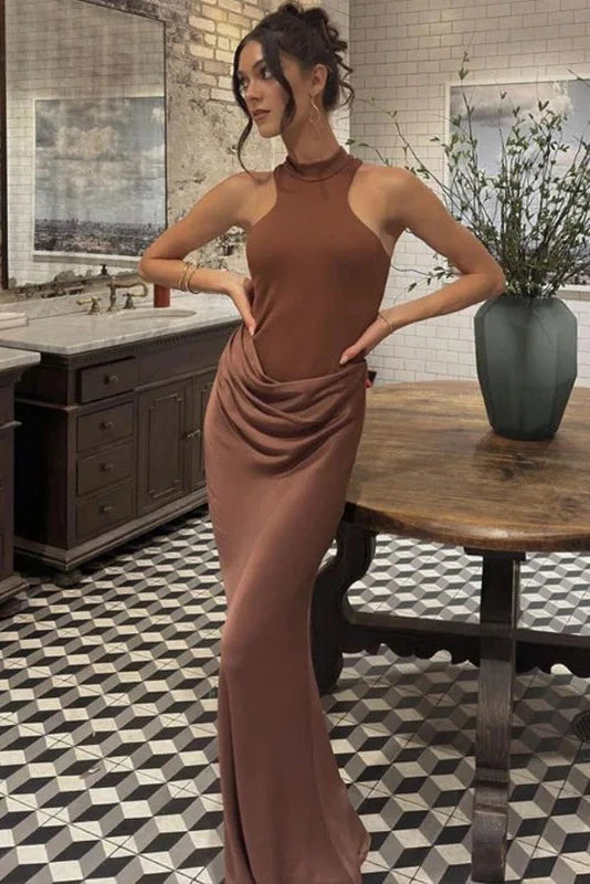 Hollow Out Pleated O Neck Sleeveless Slim High Waist Maxi Dress
