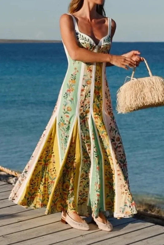 Floral Printed Slim High Waist Sleeveless Pleated Maxi Dress