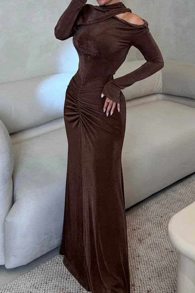 Hollow Out High Waist Slim Long Sleeve Maxi Dress