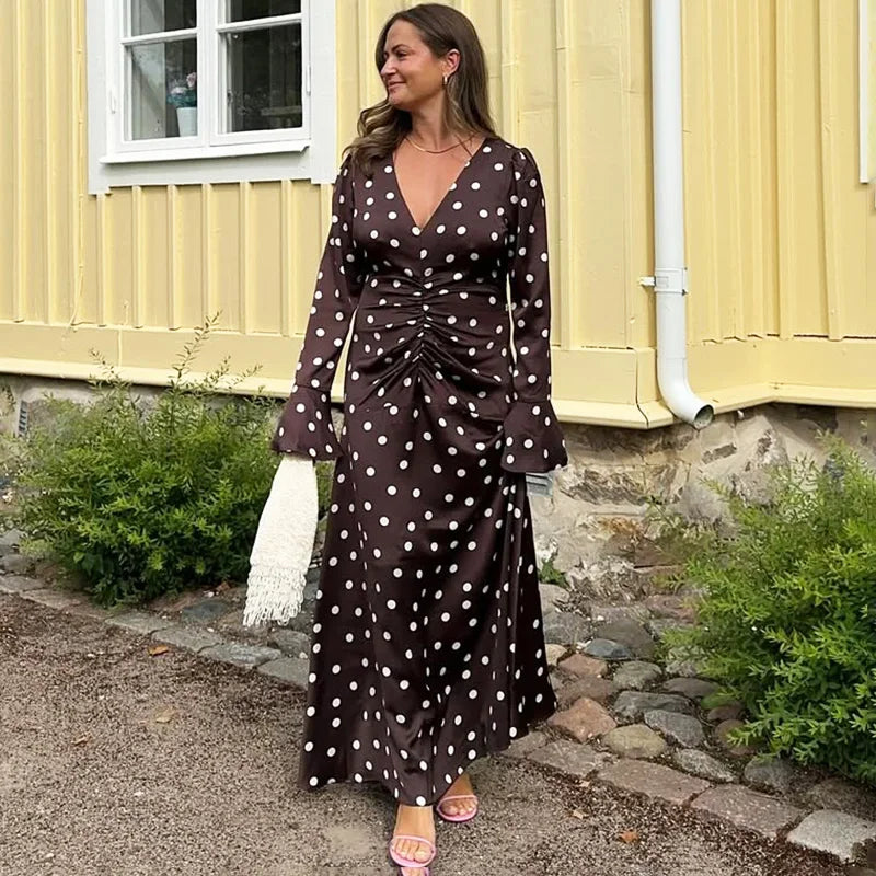 Elegant V-Neck Polka Dot Patchwork Maxi Dress