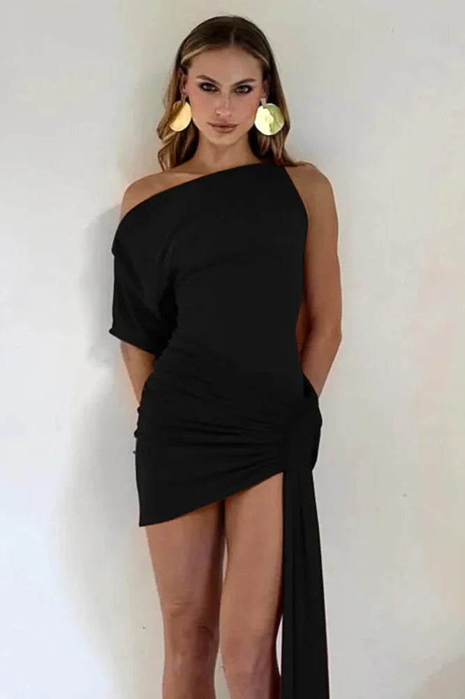 Oblique Shoulder Backless Irregular Sleeveless Mini Dress