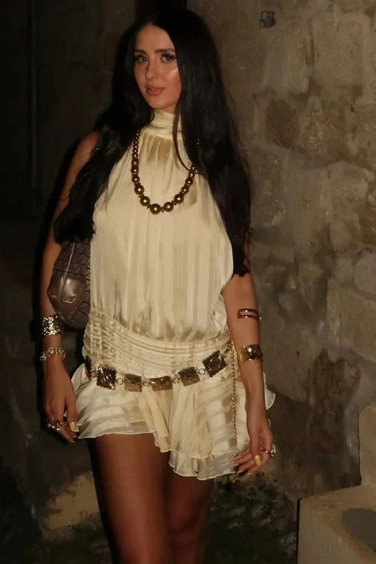 Elegant Pleated Backless Sleeveless High Waist Mini Dress