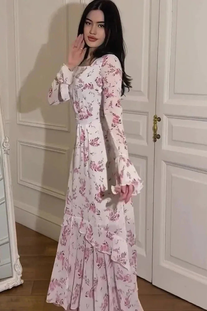 Printed Long Sleeve High Waist Slim Irregular Maxi Dress