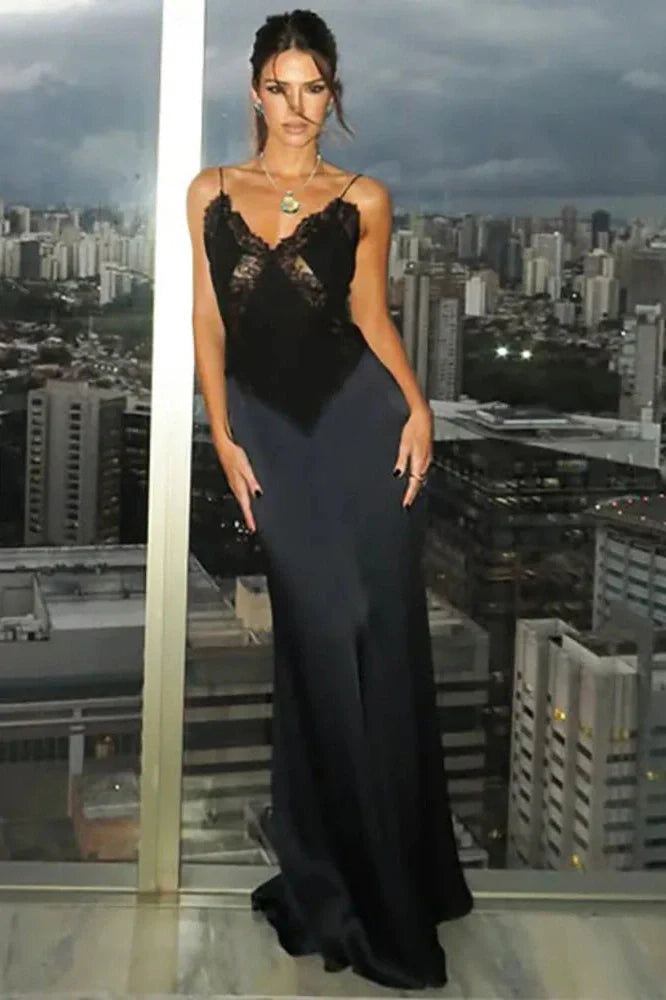 Lace Spaghetti Strap V Neck Sleeveless Backless Bodycon Maxi Dress