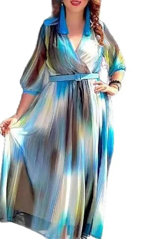 Half Sleeve Loose V-Neck Printed Pleated Maxi Dress