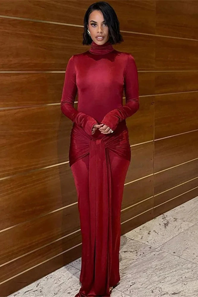 Slim Pleated Long Sleeve Lace-Up Maxi Dress