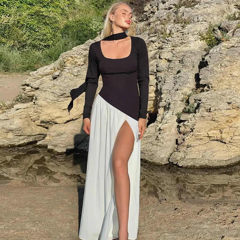 Square Neck Scarf Ribbon Slim Long Sleeve Maxi Dress