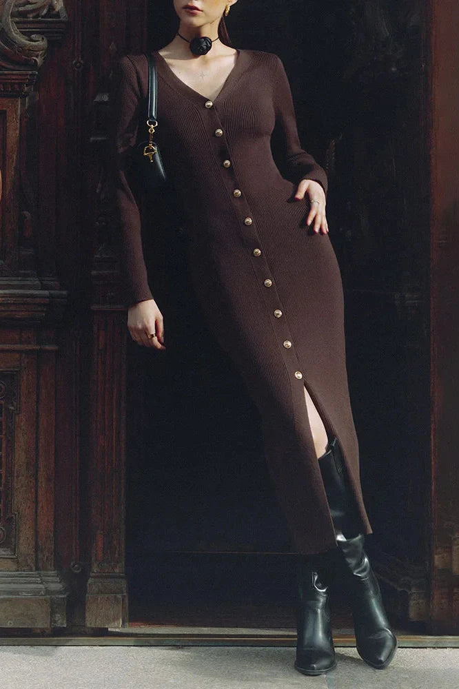 Elegant Long Sleeve Knitted Slim Midi Dress