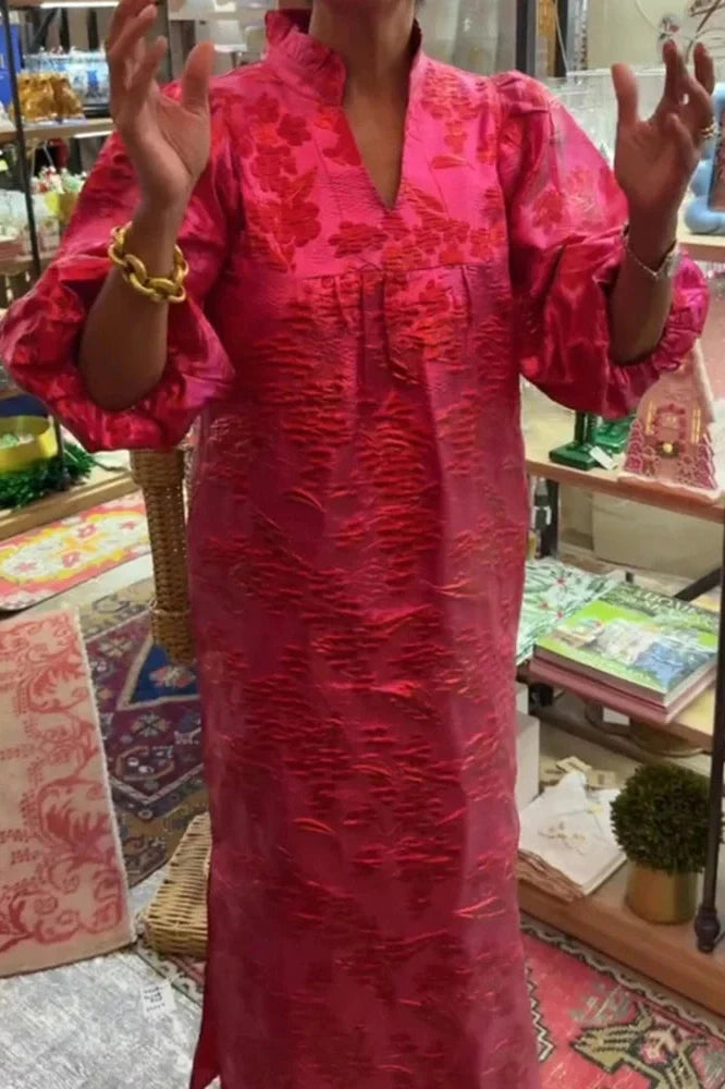 Elegant Loose Split Pleated A-Line V-Neck Long Sleeve Maxi Dress