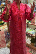 Elegant Loose Split Pleated A-Line V-Neck Long Sleeve Maxi Dress